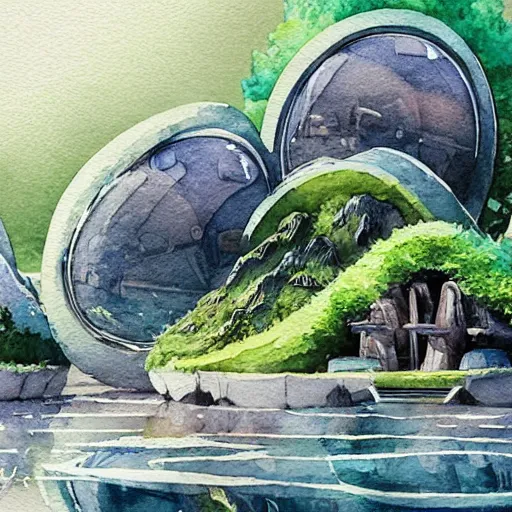 Image similar to beautiful happy picturesque charming sci - fi organic pod - like homes of the future in a beautiful natural scene. water, trees and rocks. beautiful light. soft colour scheme. beautiful artistic detailed watercolor by lurid. ( 2 0 2 2 )