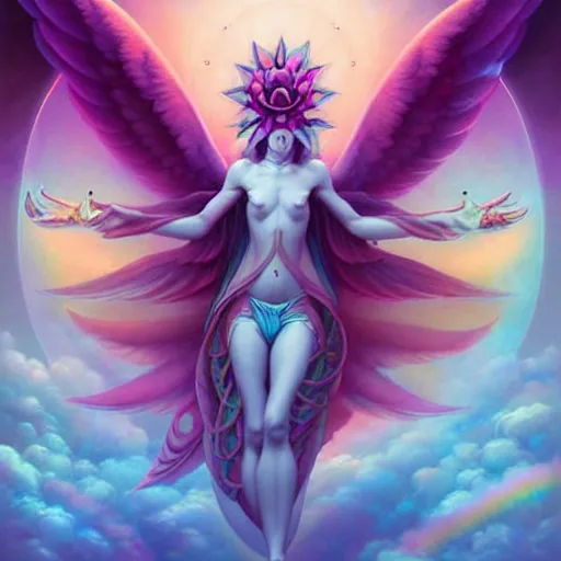 Image similar to psychedelic angelic celestial being artwork of peter mohrbacher, ayahuasca, energy body, sacred geometry, esoteric art, rainbow colors, realist, abstract and surreal art styles with anime and cartoon influences divinity