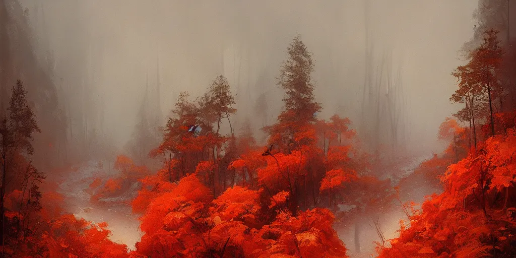 Image similar to A beautiful oil painting of a valley covered in snow, trees with red and orange leaves, yellow lighting, gloomy, atmospheric lighting, detailed, by greg rutkowski, trending on artstation