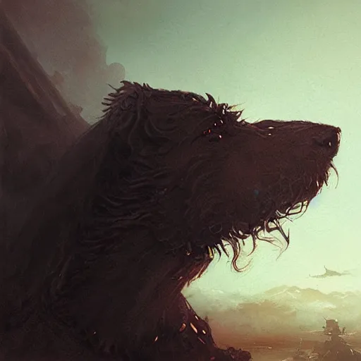 Image similar to the side view of the head of a dog, a little terrier, inside the silhouette shadow of a side view of the head of a huge dragon, beautiful fantasy painting by greg rutkowski