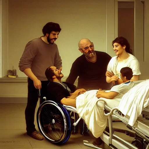 Image similar to a male patient in a wheelchair in the hospital with his wife and son standing by. happy, cheerful, smiling, intricate, face enhance, sharp focus, cinematic lighting, featured in artistation, 8 k, art by greg rutkowski, william adolphe bouguereau