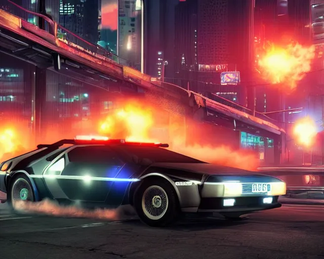 Image similar to photo of a vehicle concept design delorean being chased by police on wet cyberpunk city streets at night, rocket league tank, mad max, action, speed, volumetric lighting, hdr, gta 5, makoto shinkai, syd mead, borderlands, fast and furious, octane, 8 k