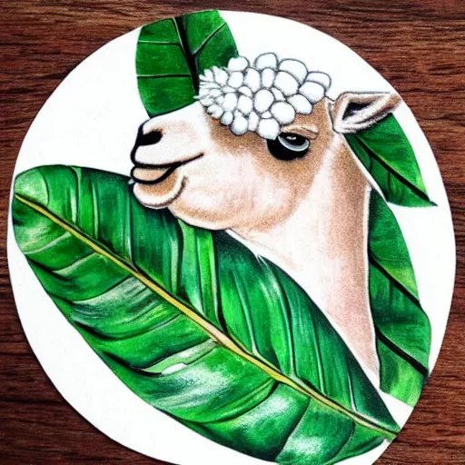 Image similar to tattoo idea of a alpaca face on a monstera leaf