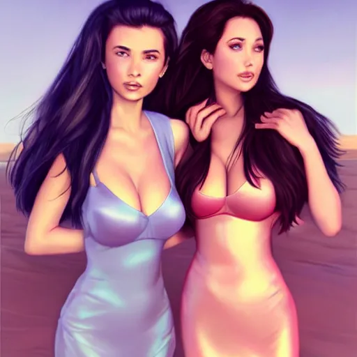 Image similar to two beautiful princesses in skintight satin minidresses on the beach drawn by artgerm and charlie bowater