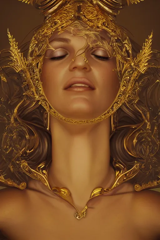 Image similar to britney spears, gold ornaments around face, gold beam behind, beautiful face, surrealism, sculpture, baroque element. intricate artwork by caravaggio, trending on artstation, baroque elements, octane render, cinematic lighting, hyper realism,