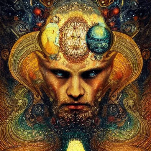 Prompt: Visions of Hell by Karol Bak, Jean Deville, Gustav Klimt, and Vincent Van Gogh, beautiful visionary mystical portrait, otherworldly, fractal structures, ornate gilded medieval icon, third eye, spirals