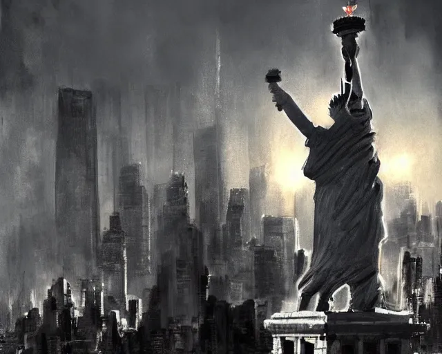 Prompt: Donald Trump attcking the Statue of Liberty in Manhattan, post apocalyptic New York, craig mullins, dramatic lighting, very detailed