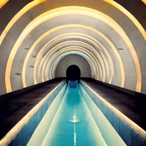 Image similar to color photograph of a retrofuturist liminal pool room with a dark tunnel and terraces, minimalist, oddly familiar, cinematic, dramatic lighting, soft vintage glow, noisy