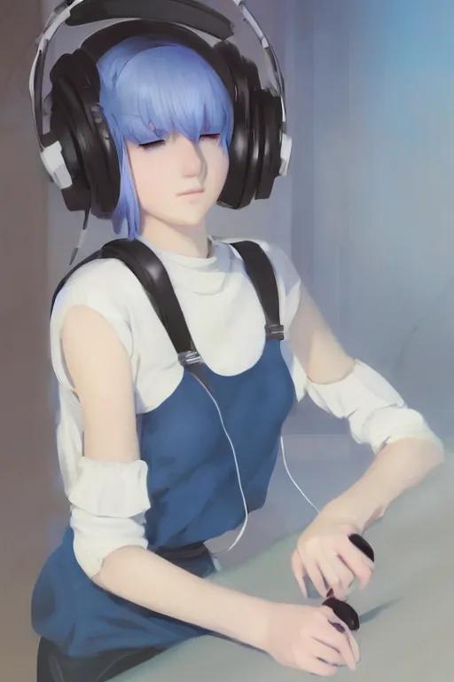 Prompt: a cute young woman listening to music with her eyes closed and wearing headphones in the style of Ilya Kuvshinov and Range Murata, white bob cut hair, freckles, blue filter, blue and white, vivid colors, soft lighting, cinematic, moody, nier automata, oil on canvas by Krenz Cushart, 8k