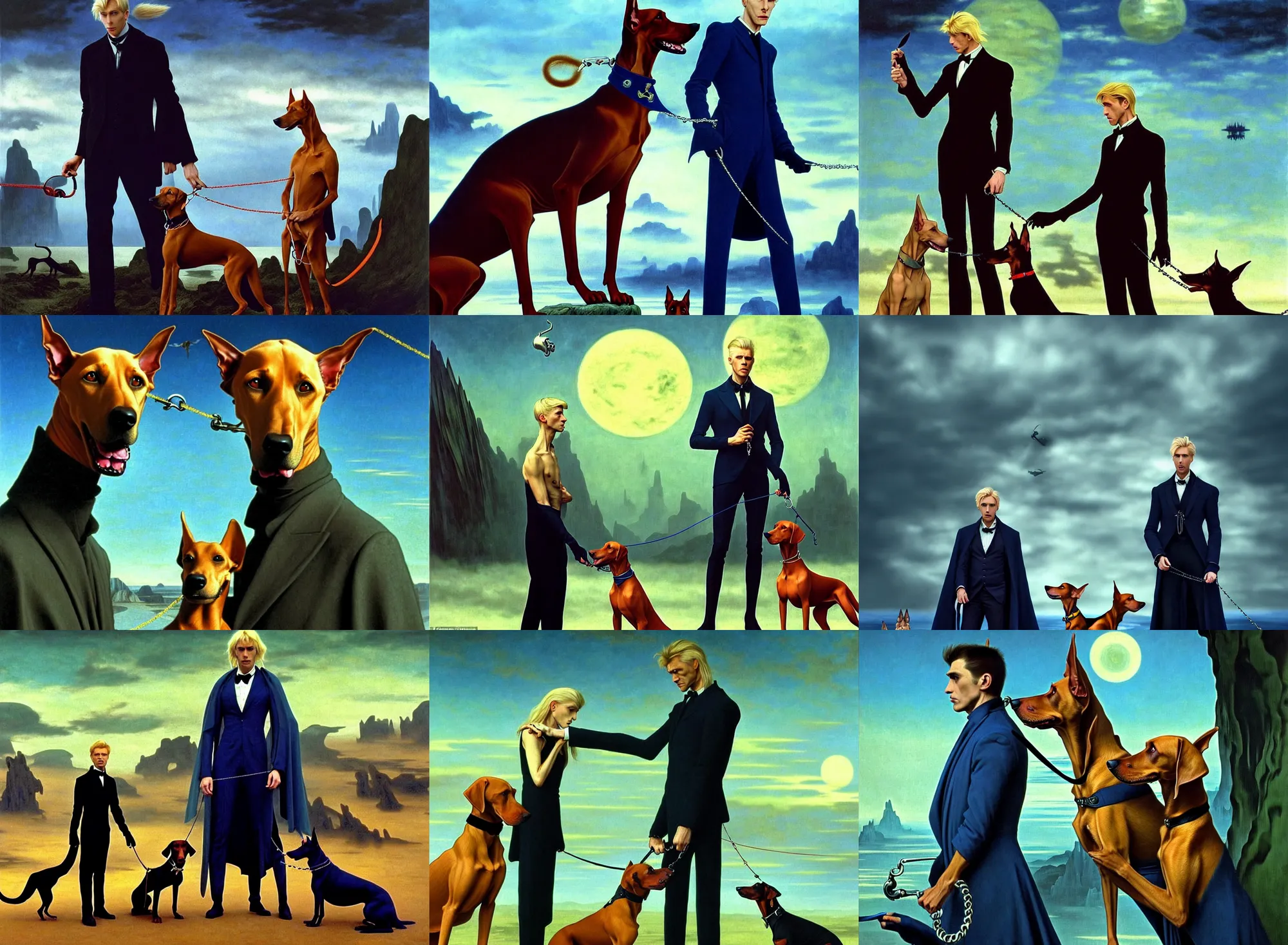 Prompt: realistic detailed portrait movie shot of an elegant blond male vampire with a doberman on a leash, sci fi landscape background by denis villeneuve, jean deville, amano, yves tanguy, alphonse mucha, max ernst, caravaggio, roger dean, masterpiece, rich moody colours, blue eyes