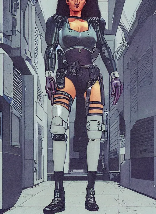 Image similar to cyberpunk prison guard. portrait by mœbius and will eisner and gil elvgren and pixar. realistic proportions. cyberpunk 2 0 7 7, apex, blade runner 2 0 4 9 concept art. cel shading. attractive face. thick lines.