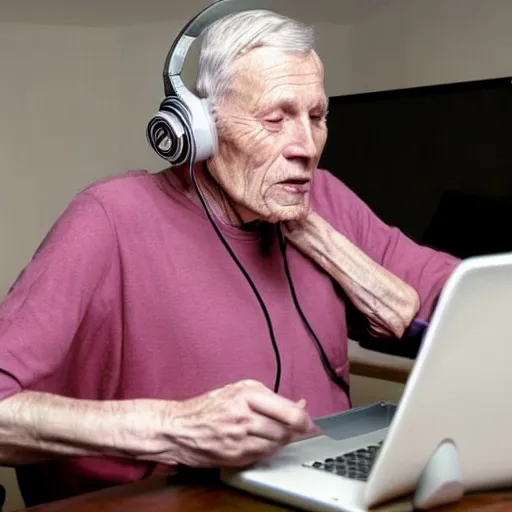 Image similar to A colored colorized real screenshot of Jerma985 as an elderly guy streaming on his computer while wearing headphones, taken in the early 2020s, taken on a 2010s Camera, realistic, hyperrealistic, very realistic, very very realistic, highly detailed, very detailed, extremely detailed, detailed, digital art, trending on artstation, headshot and bodyshot, detailed face, very detailed face, very detailed face, real, real world, in real life, realism, HD Quality, 8k resolution, intricate details, colorized photograph, colorized photon, body and headshot, body and head in view