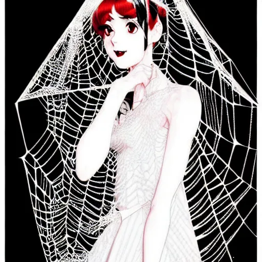 Image similar to portrait of an absurdly graceful, elegant, sophisticated, fashionably dressed, emo girl enveloped in spider web, by norman rockwell, range murata, pixar, studio ghibli, intricate line work, beautiful, trending on pinterest, artstation 8 k