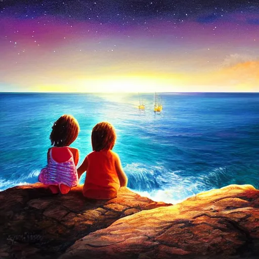 Prompt: stunning painting of a girl and a boy watches the sea, on the edge of the sea at the rocks, night, starts, front edge islands with night lights, by digital art, awarded