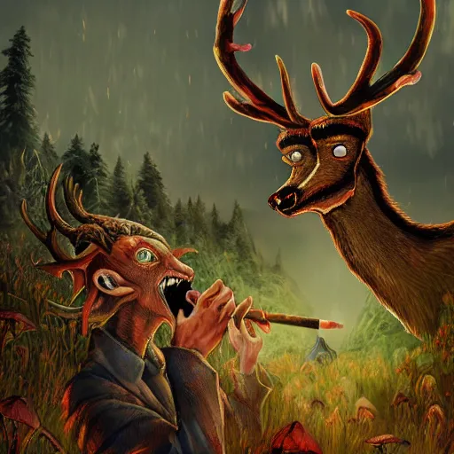 Image similar to 4 k headshot portrait of a psychedelic demonic anthropomorphic deer - horned wendigo smoking a hand - rolled cigarette smoking heavily, magic mushroom village in background. award winning. superb resolution. in the art style of junji ito and greg rutkowski. detailed mushroom city in background. hyper realistic anime. perfect art. dalle 2