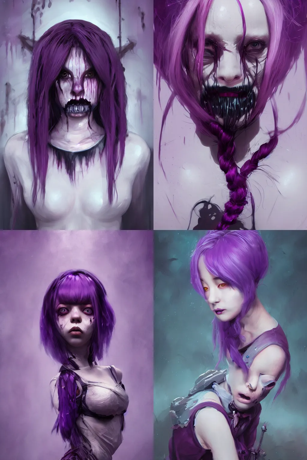 Prompt: portrait of a creepy horror girl purple hair by Tooth Wu, wlop, dan mumford , trending on artstation, greg rutkowski very coherent symmetrical artwork. cinematic, hyper realism, high detail, octane render, 8k