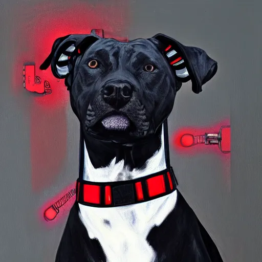 Image similar to painting of a black cyborg pitbull lab wearing thin red dog - collar, hyper detailed, robot, wires, lights, thin brush strokes, oil painting