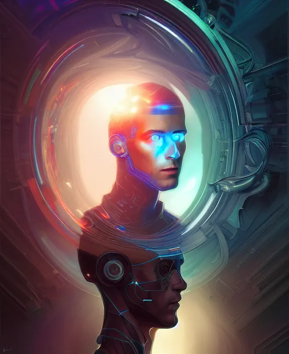 Image similar to a whirlwind inside the metaverse, guy, male, man, hologram, half body, neurochip, android, cyborg, cyberpunk face, by loish, d & d, fantasy, intricate, elegant, highly detailed, colorful, digital painting, artstation, concept art, art by artgerm and greg rutkowski and alphonse mucha