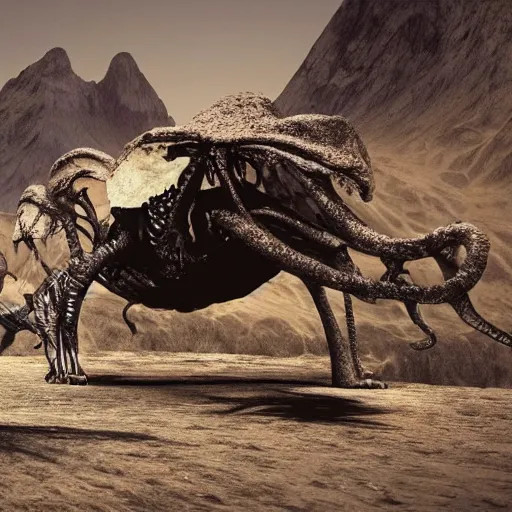 Prompt: photo of a prehistoric shaman walking curiously on an alien planet