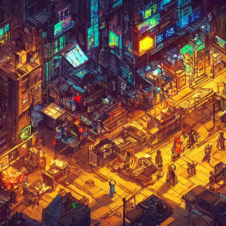 Image similar to fantastic lighting, pixel art, high detail, cyberpunk market, 2 d