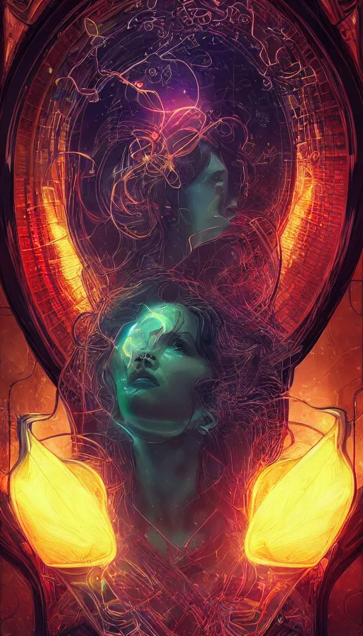 Image similar to tarot card, altered carbon, neon, fool, dreamy vibe, fibonacci, sweat drops, insane intricate, highly detailed, digital painting, artstation, concept art, smooth, sharp focus, illustration, unreal engine 5, 8 k, art by artgerm and greg rutkowski and alphonse mucha