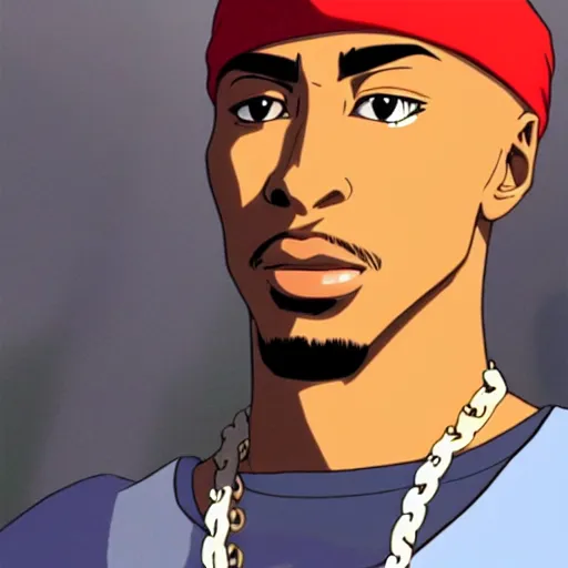 Image similar to Tupac Shakur, screenshot from a 2012s anime