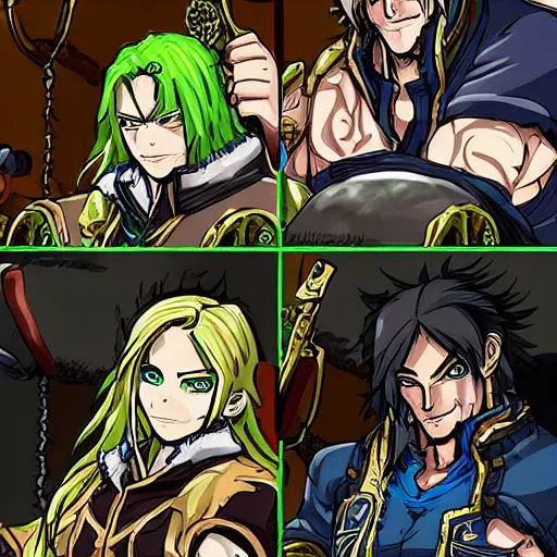 Image similar to anime style warcraft 3 characters drinking beer in postapocalyptic bar, arthas, nerzul, archimond, ktun, nzoth