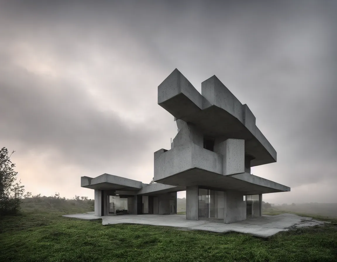 Prompt: house on a hill, modern architecture, brutalism, house concept, sunset, rtx lighting, cloudy sky, foggy