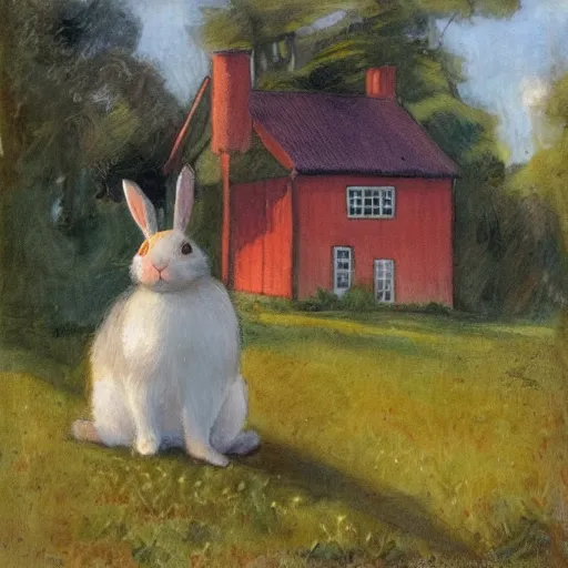 Prompt: a rabbit sitting in front of a swedish red cottage, in the style of anders zorn