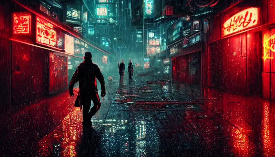 Prompt: highly detailed, a man carries the body of a bloody girl in his arms, cyberpunk, rain, night, cyberpunk futuristic neon, detailed and intricate environment