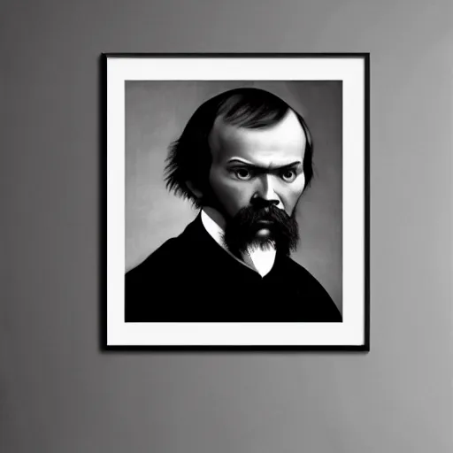 Prompt: black and white photo of old portrait of dostoyevsky by david bailey created at modern world in 4 k ultra high resolution and with medium shot