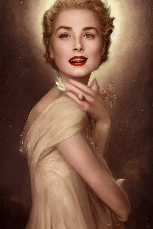 Prompt: a young and extremely beautiful grace kelly infected by night by tom bagshaw in the style of a modern gaston bussiere, art nouveau, art deco, surrealism. extremely lush detail. melancholic scene infected by night. perfect composition and lighting. sharp focus. profoundly surreal. high - contrast lush surrealistic photorealism. genuine laughing.