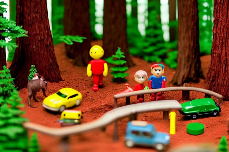 Image similar to fisher price redwood forest, california scene from tv show hyper detailed 5 5 mm 8 5 mm, toy photography, made out of plastic