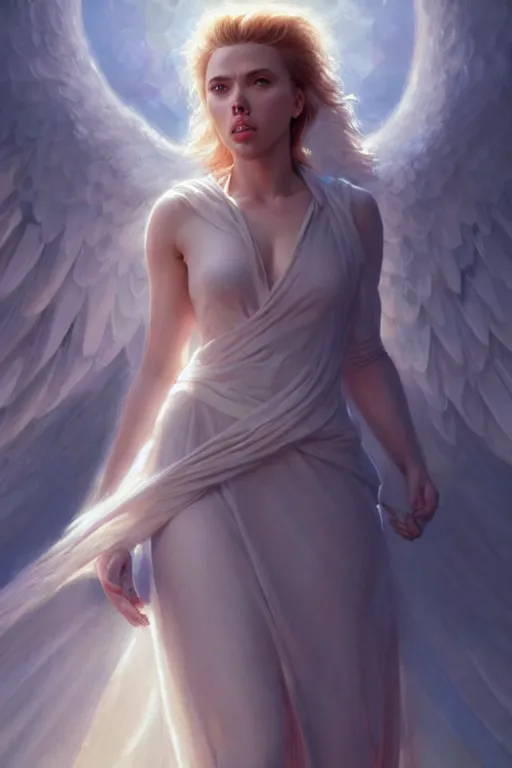 Prompt: Scarlett Johansson as a Heavenly Angel ,anatomy, only two hands, highly detailed, digital painting, artstation, concept art, smooth, sharp focus, illustration, Unreal Engine 5, 8K, art by art by artgerm and greg rutkowski and edgar maxence