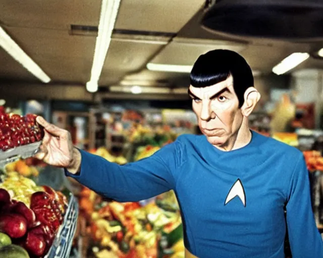 Prompt: Spock going grocery shopping, journalist photo
