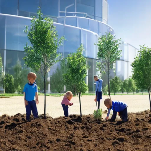 Prompt: a group of children planting trees in front of a clean white sci fi containment building with a utopian city in the distance, hyper realistic, 4 k, hd, artstaion, harsh light, overhead shot