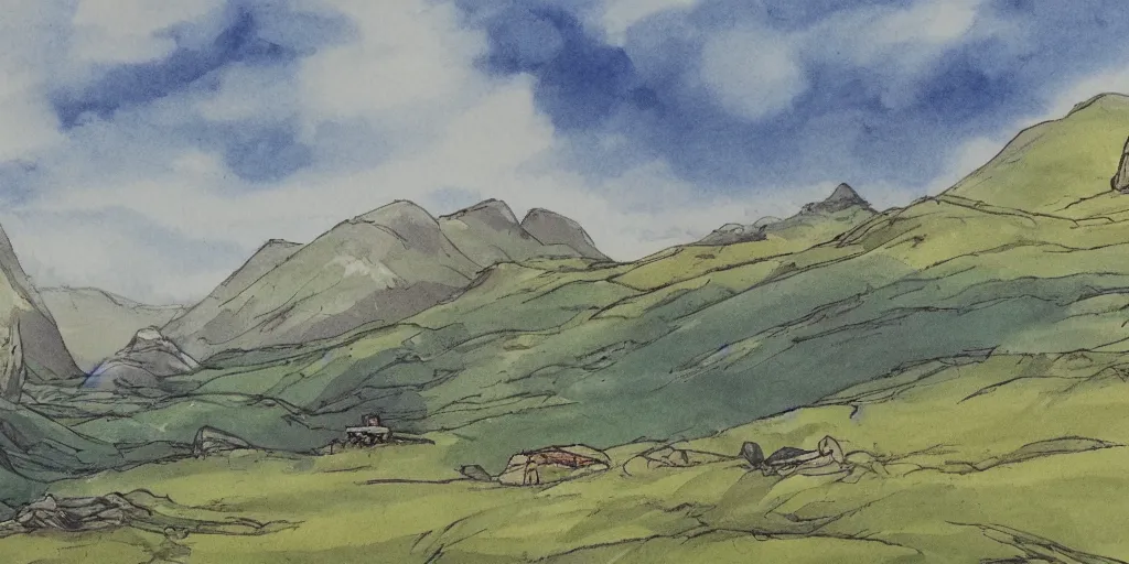 Image similar to Landscape illustration of the Scottish Highlands in the style of Studio Ghibli