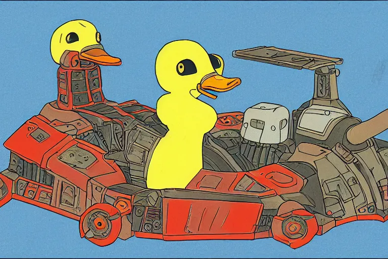 Image similar to illustration of a heavily armoured mechanical duck by studio ghibli, ominous, vivid colors, colorful