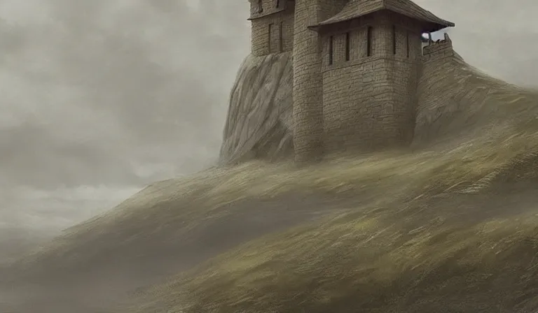 Prompt: A serene landscape with a singular building in the style of game of thrones