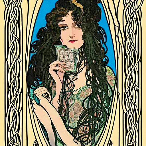 Prompt: lady with long curly hair with a cat beside her, celtic spread tarot cards on a table in front of her, elegant face, in a gypsy tent with Alphonse Mucha art nouveau poster style, with thin lines and pastel colors,