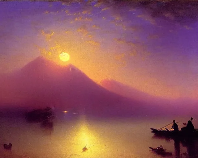 Image similar to clouds that look like mountains, figure with a guitar behind mist, sunrise, purple and blues, art by Ivan Aivazovsky