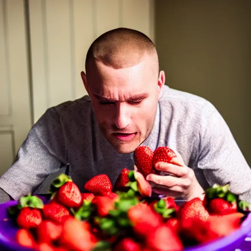 Prompt: a concerned man with a buzzcut eating strawberries in a purple room with yellow lights, medium shot, bokeh
