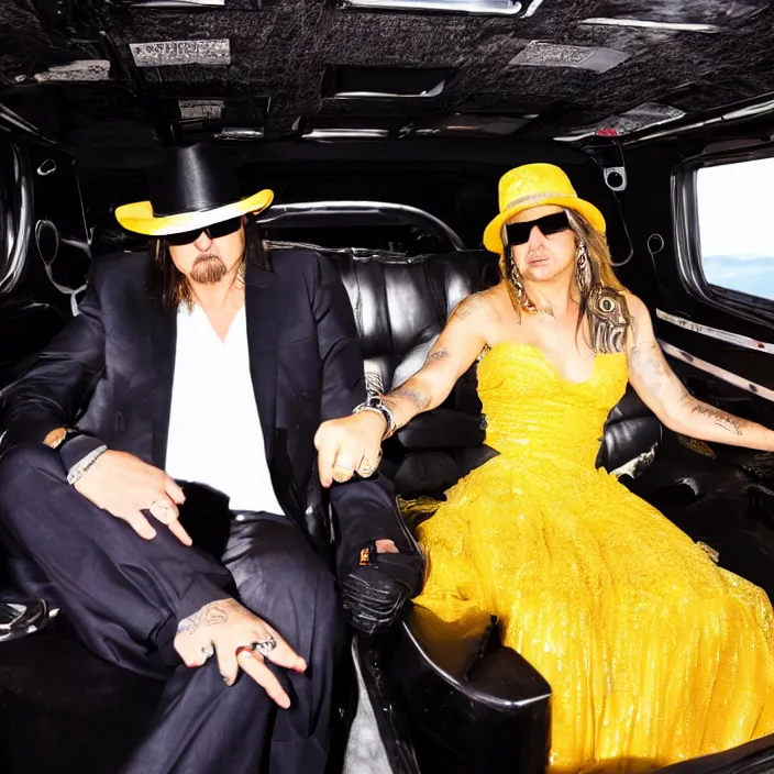 Prompt: highly detailed photograph of kid rock wearing a dress while driving in a limo with putin, movie still, 8 k,