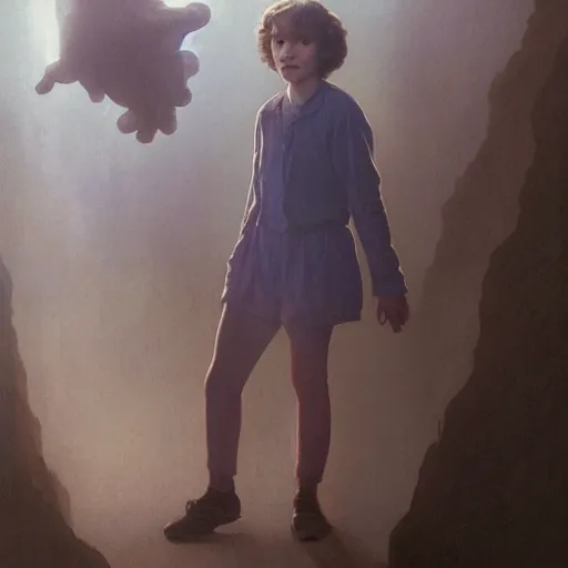 Image similar to Eleven from Stranger Things facing the camera with her hand outstretched with things floating all around her, fullbody, intricate, highly detailed, artstation, concept art, smooth, sharp focus, illustration, art by greg rutkowski and orientalism and bouguereau and Zdzislaw Beksinski, good clear quality, lighting, biology, symmetrical artwork, perfect face, 135 mm, cinematic, hyper realism, high detail, octane render, 8k, chrome accents