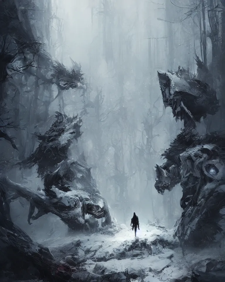 Prompt: a lone wolf stares at us in a nightmare landscape, autumn, white fur, sad, emotive, dramatic lighting, high detail, cinematic, beautiful painting by wadim kashin, ruan jia, android jones, greg rutkowski, artgerm