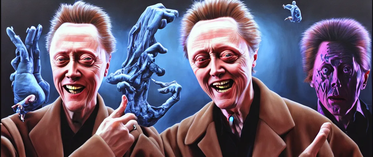 Prompt: hyperrealist painting of young christopher walken pointing and laughing at me concept art wayne barlowe hannah yata very dramatic lighting 8k wide angle shallow depth of field