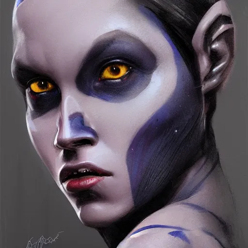 Prompt: portrait of a female Twi'lek by Greg Rutkowski, blue skin, she is about 30 years old, wearing black sith uniform, highly detailed portrait, digital painting, artstation, concept art, smooth, sharp foccus ilustration, Artstation HQ