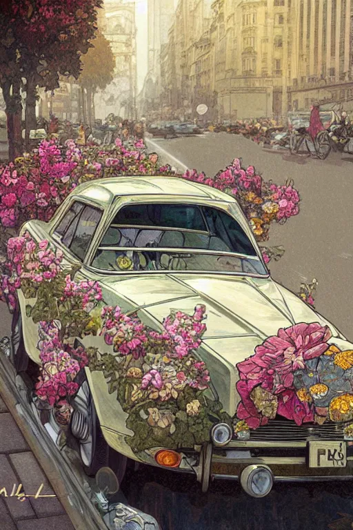 Image similar to ultra realistic illustration, old vintage car in the city with flowers blooming out the window, elegant, highly detailed, digital painting, concept art, smooth, sharp focus, illustration, art by alphonse mucha