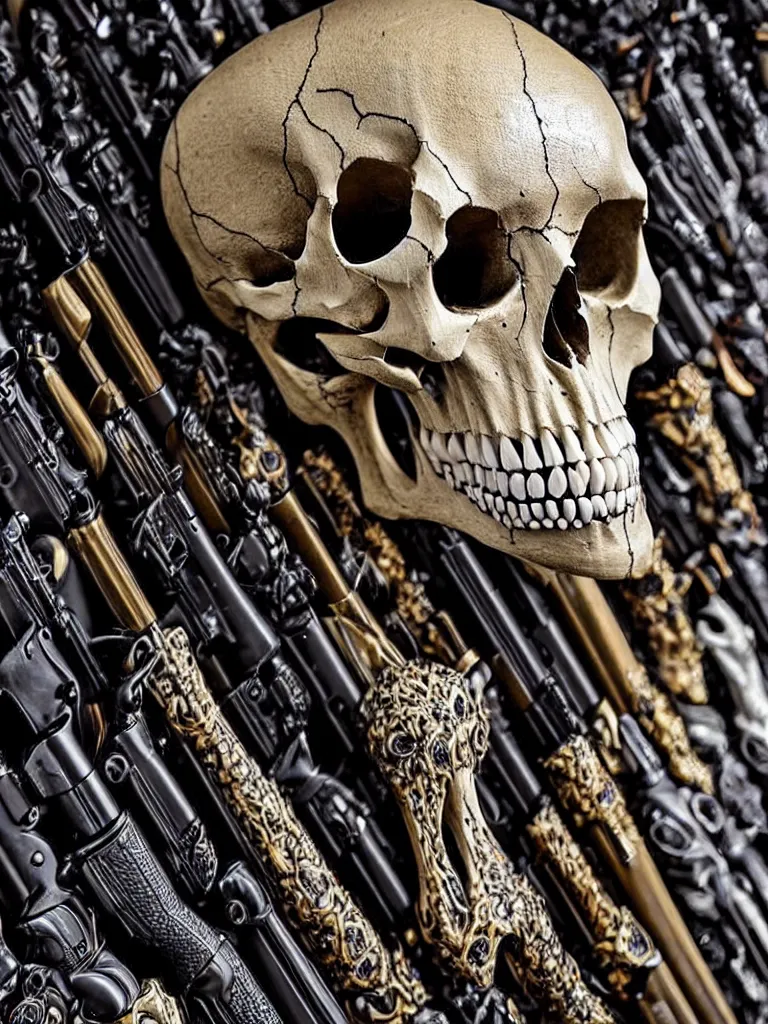 Prompt: animal skull made of rifles, skull made of revolvers, ultra-realistic, intricate details photograph