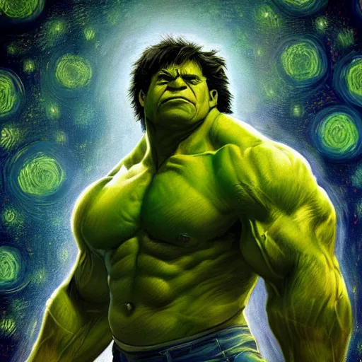 Image similar to The Incredible Hulk in the style of Vincent Van Gogh, masterpiece digital painting, 4k wallpaper, intricate detail, beautiful, gorgeous, stunning, artstation